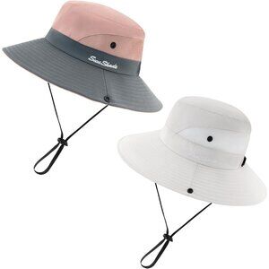 Unisex Pink & White Set of 2 Wide Brim Mesh Vent Chin Strap Classic Cowboy Hat